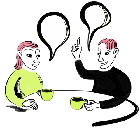 Illustrasjon av to mennesker som prates over en kaffe